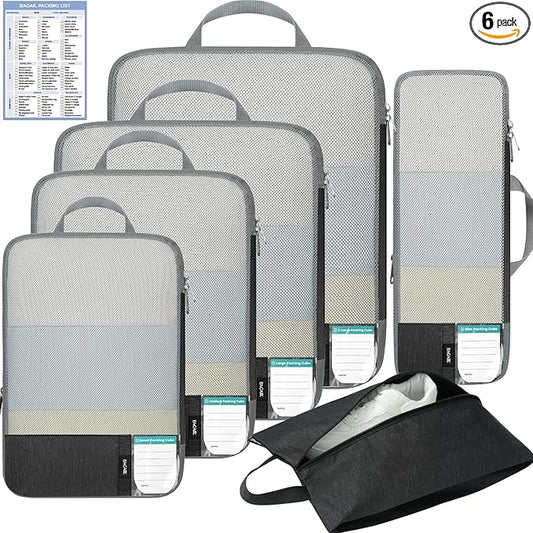 BAGAIL 6 Set Lightweight Compression Packing Cubes with Packing List, Anti-Tearing Expandable Organizer Bags for Travel, Black