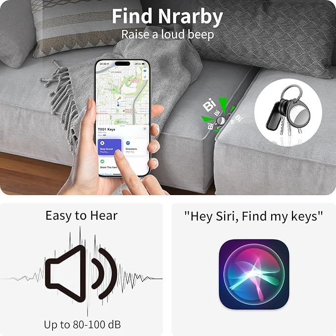 Tracker Tags-2 Pack Deep Black, 5.3 Bluetooth Tracker Work with Apple Find My (iOS Only), 100dB Sound, Smart Tag with Keychain/Lanyard, Item Finder for Luggage/Key/Suitcase, Replaceable Battery.