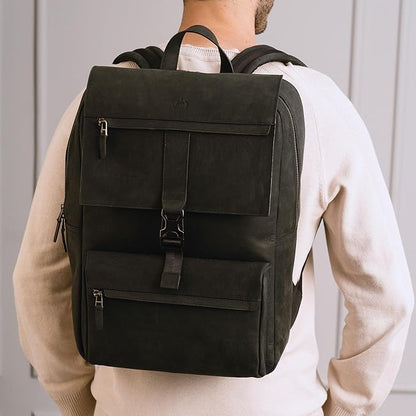 Leather Backpack for Men & Women, Classic Black - Handcrafted Top Grain Leather vintage backpack with 17-Inch Laptop Sleeve - Lightweight, Stylish & Durable for Business, Travel, Work & Everyday Use