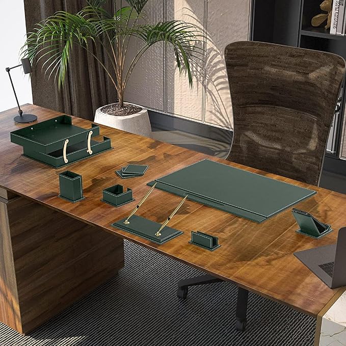 MOOGCO Bonded Set Luxury Leather Desk Pad & Desk Organization Essentials Desk Organizer Leather Desk Organizer (Green)