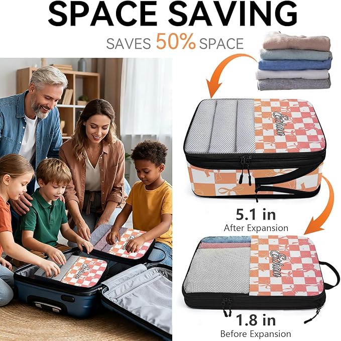 Custom 6 Set Compression Packing Cubes with Name Personalized Compressible Expandable Packing Organizers Luggage Carry On Suitcase Bags Travel Accessories Gifts, Orange Rose Gradient