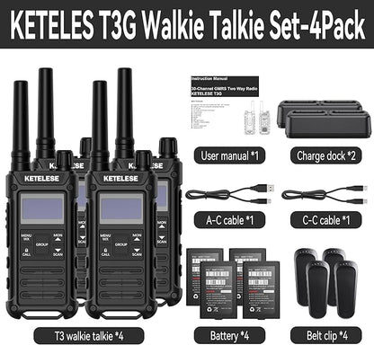 KETELESE T3G IP67 Waterproof Walkie Talkies Rechargeable, Heavy Duty 2 Way Radios with Earpiece and Mic, Dock, USB, NOAA Weather Alert, Group PTT (4 Pack), Black/Grey