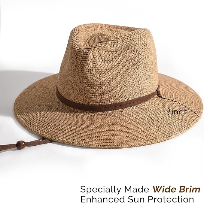 FURTALK Womens Summer Straw Sun Hats Wide Brim Panama Fedora Beach Hat with Wind Lanyard UPF 80+