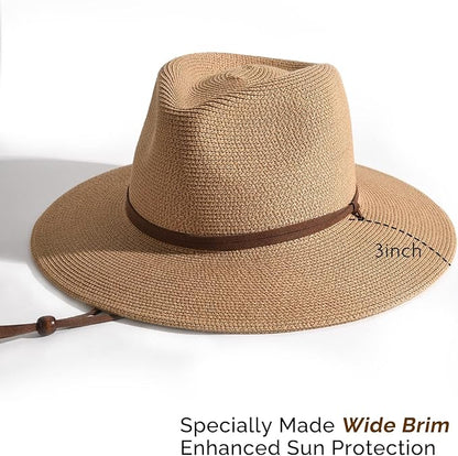 FURTALK Womens Summer Straw Sun Hats Wide Brim Panama Fedora Beach Hat with Wind Lanyard UPF 80+