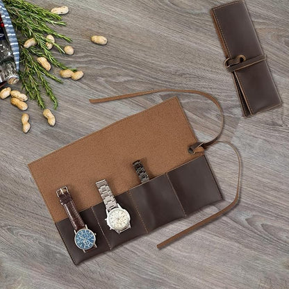 Leather Watch Roll Organizer with 4 Slots,Heavy Duty Waterpoof Watch Storage Box Pouch&Band Storage,Jewelry Roll,Easy Carry On Watchlover Storage,Handmade Ideal for Travel&Home Use,Watch Travel Case
