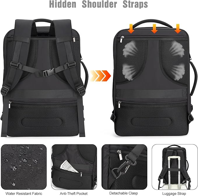 Tzowla 40L Expandable Travel Laptop Backpack for Men Women Carry on Flight Approved,Large Capacity Anti Theft Backpacks with USB/Type C Charging Port,Personal Item Bag Fit 17.3" Computer（Black