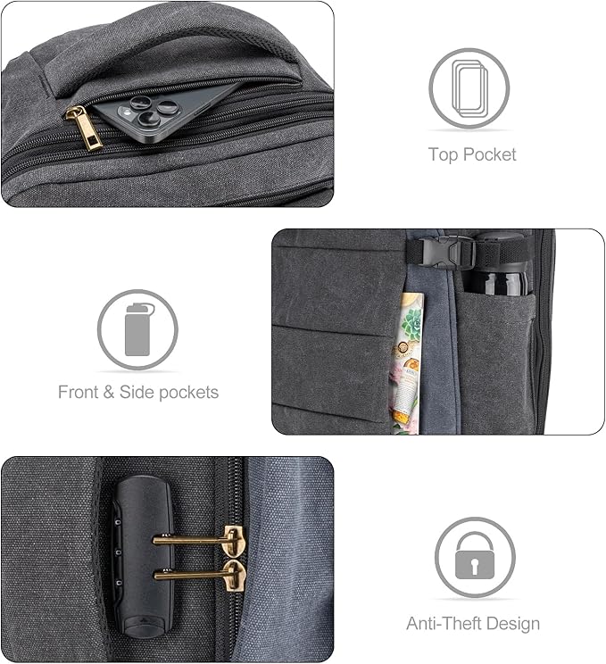 Tzowla 40L Canvas Expandable Travel Laptop Backpack for Men Women Carry on Flight Approved,Large Capacity Anti Theft Backpacks with USB Port,Vintage Personal Item Bag Fit 17.3" Laptop(Black & Blue)