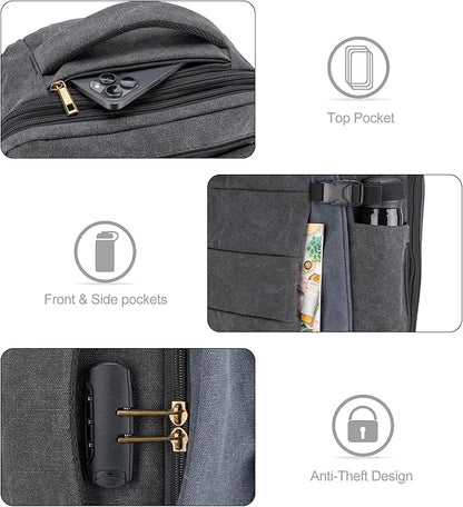 Tzowla 40L Canvas Expandable Travel Laptop Backpack for Men Women Carry on Flight Approved,Large Capacity Anti Theft Backpacks with USB Port,Vintage Personal Item Bag Fit 17.3" Laptop(Black & Blue)