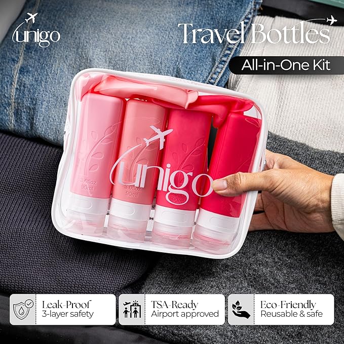unigo Travel Bottles For Toiletries, 3.oz TSA Approved Containers, Travel Size Toiletries, Shampoo and Conditioner Bottles, Leak Proof and Refillable Bottles, BPA Free, Extra Bottle Covers (Pink)