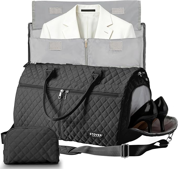 STOVER Women’s Convertible Garment Duffel Bag for Travel – 2-in-1 Carry-On Weekender/Overnight Tote - Wrinkle-Free Dresses, Hanging Suits & Clothes Plus Shoe Compartment & Bonus Toiletry Bag (Black)
