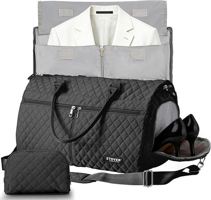 STOVER Women’s Convertible Garment Duffel Bag for Travel – 2-in-1 Carry-On Weekender/Overnight Tote - Wrinkle-Free Dresses, Hanging Suits & Clothes Plus Shoe Compartment & Bonus Toiletry Bag (Black)