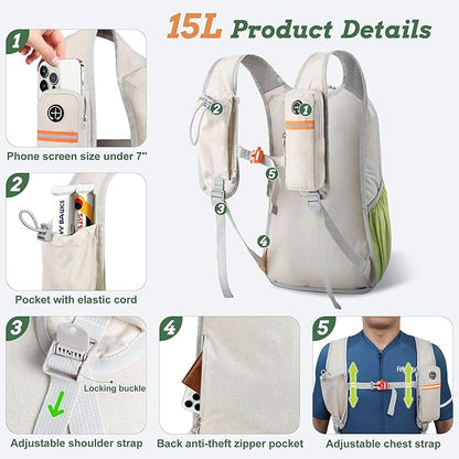 15L Small Hiking Backpack for Men Women Foldable Packable Back Pack Ultralight Hiking Daypack for Travel Camping Outdoor, Beige Green