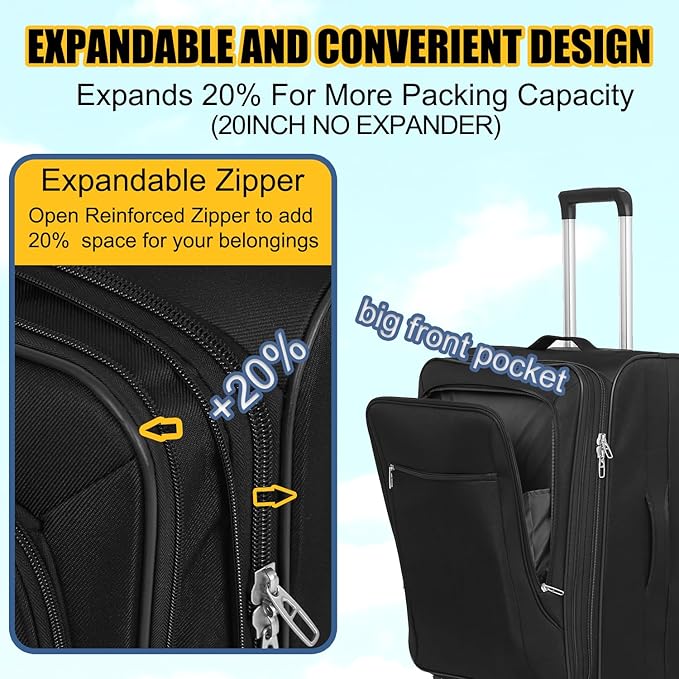 3pcs Set Softside Luggage Sets With Spinner Wheels, Expandable Softshell Suitcase Set with front pocket, 28inch, 24inch,20inch Lightweight fabric luggage(BLACK)