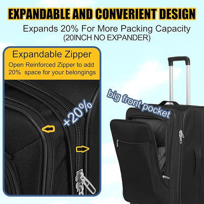 3pcs Set Softside Luggage Sets With Spinner Wheels, Expandable Softshell Suitcase Set with front pocket, 28inch, 24inch,20inch Lightweight fabric luggage(BLACK)