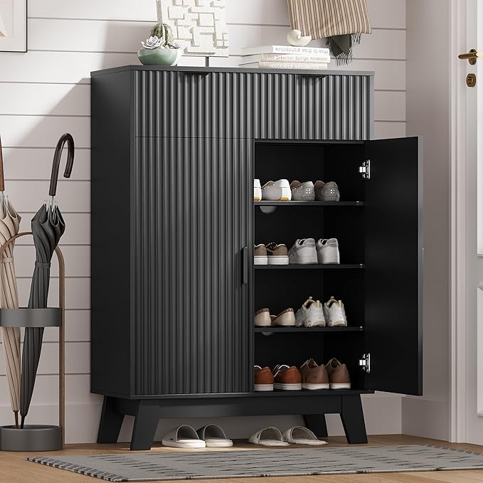 Shoe Cabinet Storage for Entryway with Doors, 4 Tier Fluted Shoe Organizer with 2 Drawers, Entryway Shoe Storage with Adjustable Shelves, Freestanding Hidden Shoe Rack for Front Door Entrance, Black