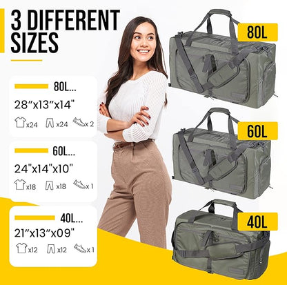 LEGEND 80L Foldable Duffle Bag for Travel - Packable Duffle Bags w/Shoe Compartment - Tear Resistant Collapsible Duffel Bags for Traveling - Lightweight Folding Duffel Bag for Men & Women -Army Green