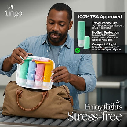 unigo Travel Bottles For Toiletries, 4-pack TSA Approved Containers, Travel Size Toiletries, Shampoo and Conditioner Bottles, Leak Proof and Refillable Bottles, Extra Bottle Covers (Multicolor A)