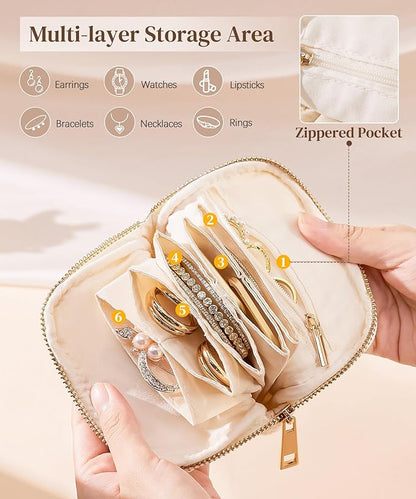 Women Travel Jewelry Case: Soft Bag with 5 Pouches for Ring Earring Necklace - Christmas and Birthday Gifts Choice (White)