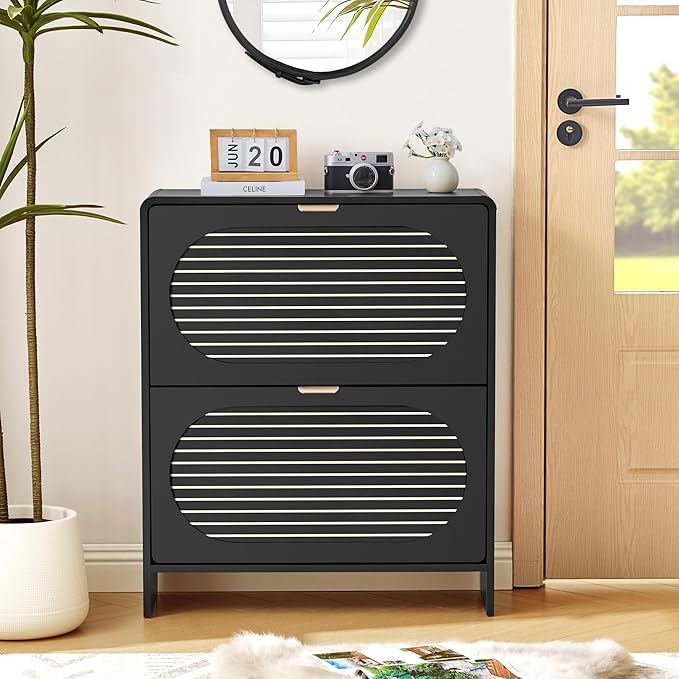 Modern Slim Shoe Storage Cabinet with 2 Flip Drawer Arched Fluted Pattern, Mid-Century Hidden Narrow Curved Corner Shoe Organizer for Entryway,Living Room (Black,with Divider)