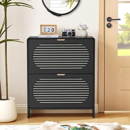 Modern Slim Shoe Storage Cabinet with 2 Flip Drawer Arched Fluted Pattern, Mid-Century Hidden Narrow Curved Corner Shoe Organizer for Entryway,Living Room (Black,with Divider)