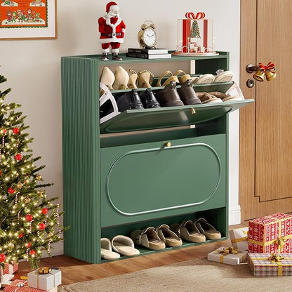 ORRD Shoe Storage Cabinet with 2 Flip Drawers, Wood Narrow Shoe Cabinet for Entryway, Fluted Hidden Shoe Organizer, Freestanding Slim Shoes Cabinets for Foyer, Hallway-Green