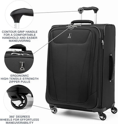 Travelpro Maxlite 5 Softside Expandable Luggage with 4 Spinner Wheels, Lightweight Suitcase, Men and Women, Black, Checked-Medium 25-Inch