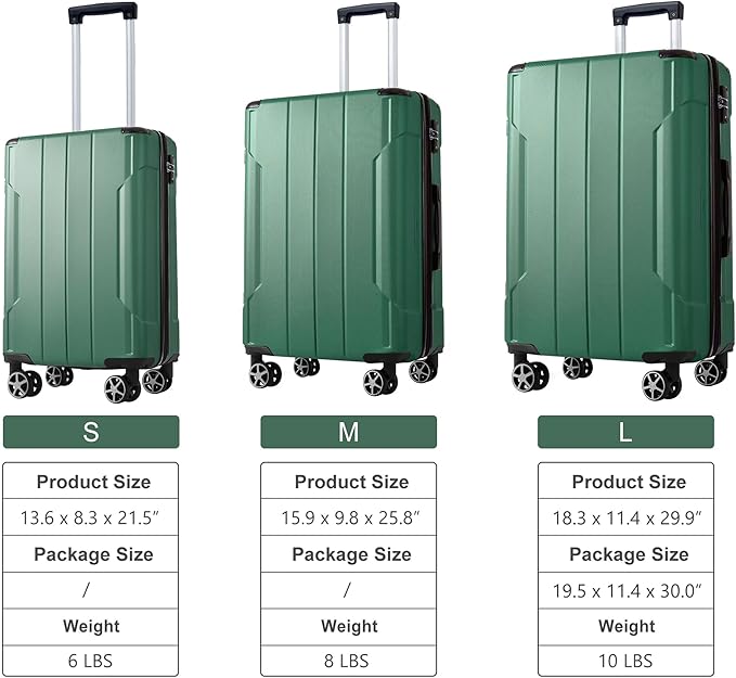 Merax Luggage Sets 3 Piece, Hardshell ABS Lightweight Durable Suitcases with Double Spinner Wheels, Green, 20/24/28 Inch
