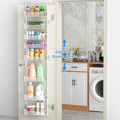 12.3" W Narrow Over the Door Pantry Organizer, 8-Tier Over the Door Organizer with Adjustable Basket, Pantry Door Organization for Pantry Kitchen Storage Room Spice Rack, White