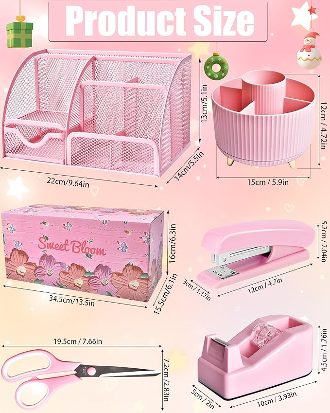 Pink Desk Organizers and Accessories With Mesh Desk Organizer and 360°Rotating Pen Holder and a Lot of Office Pink Office Supplies Beautifully Presented in a Gift Box Christmas Gifts