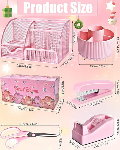 Pink Desk Organizers and Accessories With Mesh Desk Organizer and 360°Rotating Pen Holder and a Lot of Office Pink Office Supplies Beautifully Presented in a Gift Box Christmas Gifts