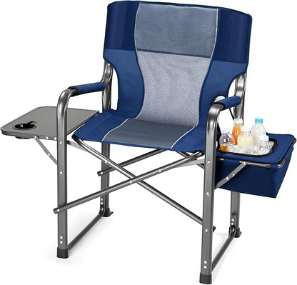 Folding Camping Chair, Heavy Duty Chairs for Adult, Directors Chair, Folding Beach Chair, Oversized Portable Camping Chair with Side Table and Cooler, 400lbs Capacity for Beach, Fishing, Trip, Picnic