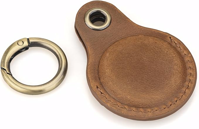 Genuine Leather AirTag Keyring Holder Compatible with Apple AirTags Keychain Cover, Anti Lost Secure Key Ring Case for Pet Collar Bags Luggage Tracking Travel, Protective Air Tag Key Chain Fob, Brown