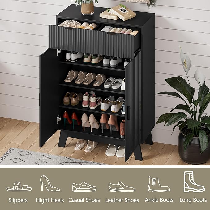 Shoe Cabinet Storage for Entryway with Doors, 4 Tier Fluted Shoe Organizer with 2 Drawers, Entryway Shoe Storage with Adjustable Shelves, Freestanding Hidden Shoe Rack for Front Door Entrance, Black