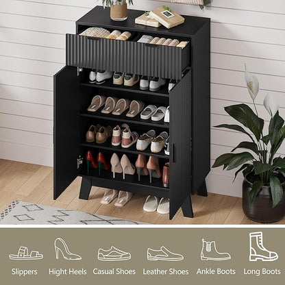 Shoe Cabinet Storage for Entryway with Doors, 4 Tier Fluted Shoe Organizer with 2 Drawers, Entryway Shoe Storage with Adjustable Shelves, Freestanding Hidden Shoe Rack for Front Door Entrance, Black