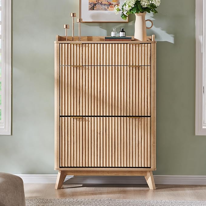T4TREAM Fluted Shoe Storage Cabinet with 2 Flip Drawers & Top Drawer, 48" Tall Narrow Shoe Organizer, Curved Profile Design, Wooden Shoe Rack for Entryway, Hallway - Natural Oak