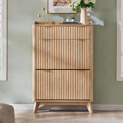 T4TREAM Fluted Shoe Storage Cabinet with 2 Flip Drawers & Top Drawer, 48" Tall Narrow Shoe Organizer, Curved Profile Design, Wooden Shoe Rack for Entryway, Hallway - Natural Oak