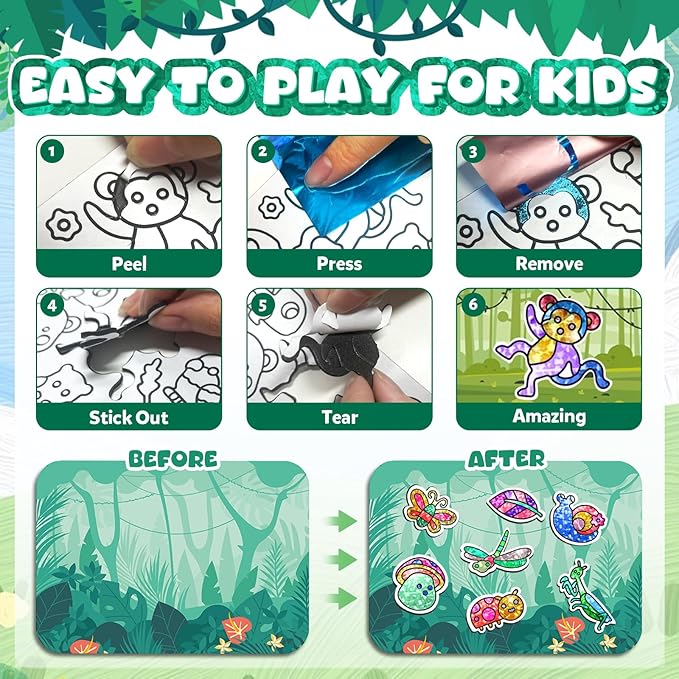 YoPoll Foil Art Craft Kits for Kids, Mess-Free DIY Creative Activity Set, Fun Arts and Crafts Toys for Boys & Girls, Peel & Press Foil Art Kit for Kids, Travel Toy and Birthday Gift (Animals)