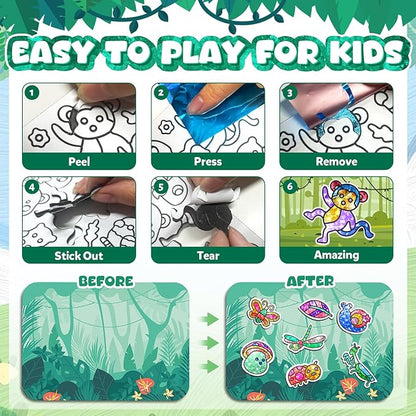 YoPoll Foil Art Craft Kits for Kids, Mess-Free DIY Creative Activity Set, Fun Arts and Crafts Toys for Boys & Girls, Peel & Press Foil Art Kit for Kids, Travel Toy and Birthday Gift (Animals)