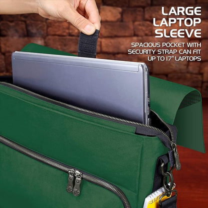 ENHANCE Collector's Edition RPG Player's Essentials DND Bag - Dragon Hide Exterior Messenger Bag Fits 2-4 Books, Binders, Dice & Accessories, with 17 inch Laptop Slot, Battlemap Straps (Dragon Green)