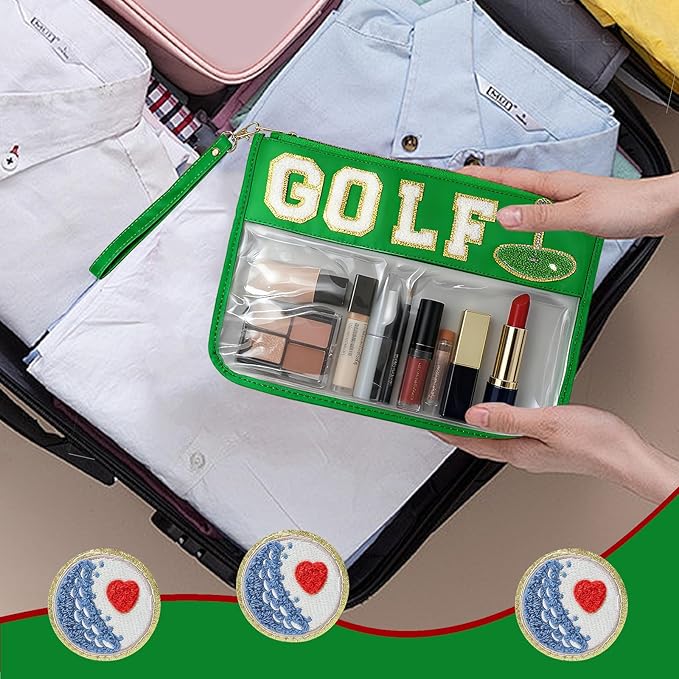2 Pcs Golf Gifts Makeup Bag with Chenille Letter Patch,with Handles Golf PVC Waterproof Clear Makeup Bag,Portable Toiletry Storage Bag,Players & Fans Birthday, Team or Sports Lover Presents