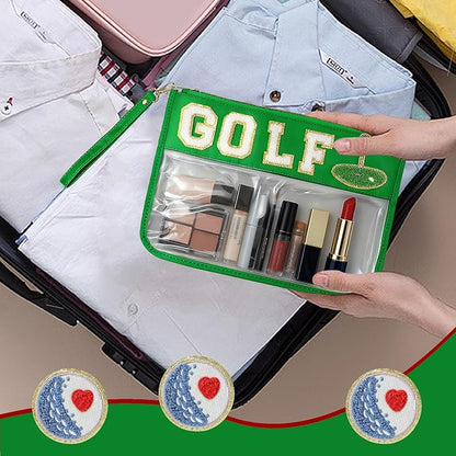 2 Pcs Golf Gifts Makeup Bag with Chenille Letter Patch,with Handles Golf PVC Waterproof Clear Makeup Bag,Portable Toiletry Storage Bag,Players & Fans Birthday, Team or Sports Lover Presents