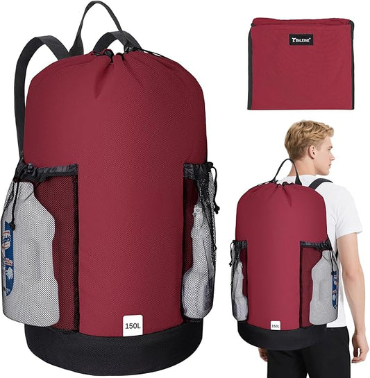 BALEINE 150L Laundry Bag Backpack, 900D Oxford Fabric Large Travel Laundry Bags with Shoulder Straps and 2 Mesh Pockets for College Dorm, Apartment, Laundromat (Red, 150L) ﻿