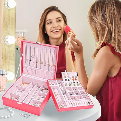 ProCase Jewelry Box for Women, 2 Layers Large Leather Jewelry Organizer Storage Case with Removable Pad for Earrings -Watermelonred
