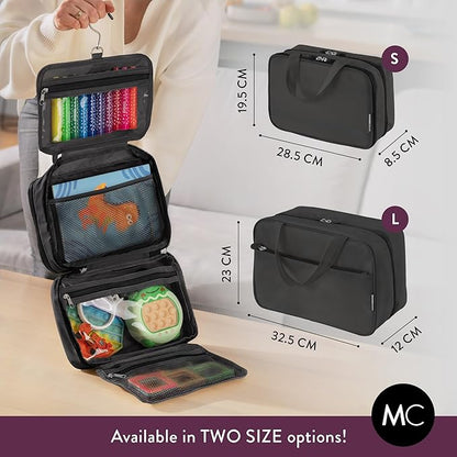 Kids Travel Organizer - Multi-Compartment, Water-Resistant Hanging Bag for Toys, Snacks, & Activities - Compact, Lightweight Design with Hook & Carry Handle - Perfect for Travel Use (Black, Small)