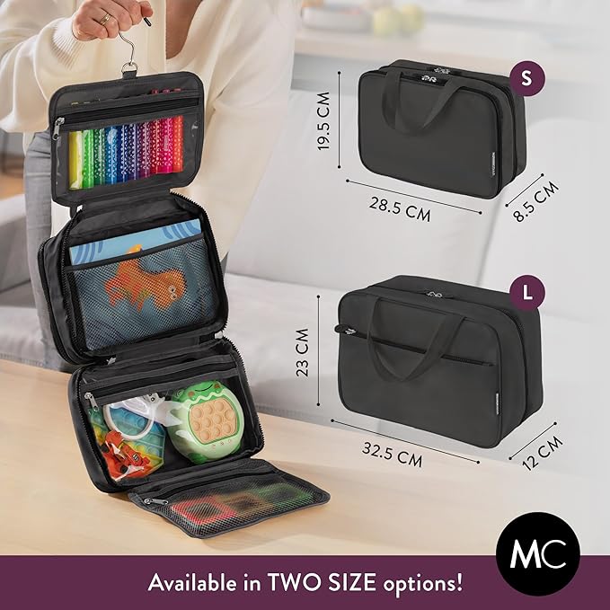 Kids Travel Organizer - Multi-Compartment, Water-Resistant Hanging Bag for Toys, Snacks, & Activities - Compact, Lightweight Design with Hook & Carry Handle - Perfect for Travel Use (Black, Large)