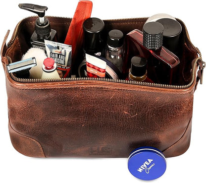 HLC Leather Toiletry Bag for Men Best Gift Premium Genuine Dopp Kit Shaving Kit Organizer Travel Kit Pouch Bag 10 inch Size (Brown)