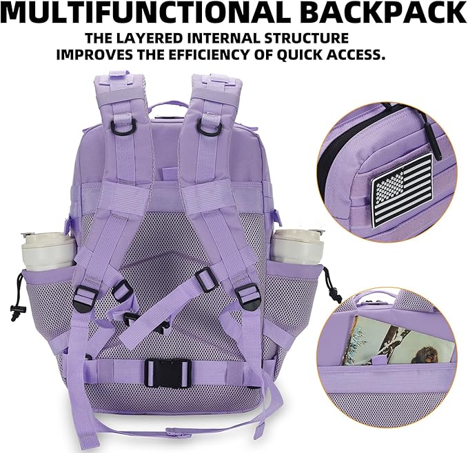 25L Tactical Backpack for Men and Women Military Backpack Small Assault Pack Molle Backpack Bug Out Bag Travel Rucksack Daypack (Light Purple)