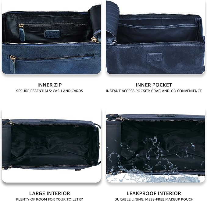 LEATHER VILLAGE Premium Leather Travel Toiletry Bag - Water-Resistant Dopp Kit for Toiletries, Large Shaving Bag & Bathroom Organizer - Gift for Men & Women - Royal Blue