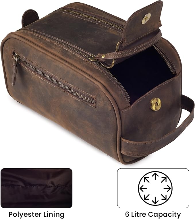 mds Genuine Leather Toiletry Bag for Men - Rustic Classic Vintage Handcrafted Full-Grain Leather Travel Dopp Kit with Waterproof Lining & Handle, Shaving & Grooming Kit Organizer Pouch - Rustic Brown