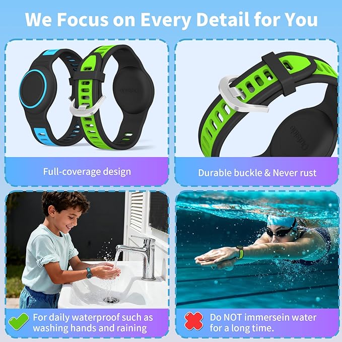 2-Pack Bracelet Compatible with AirTag for Kids, Waterproof Airtag Bracelet Full Coverage Protective Case Design Soft Silicone Hidden Air Tag Holder for Toddler Child Elderly (Blue+Green)